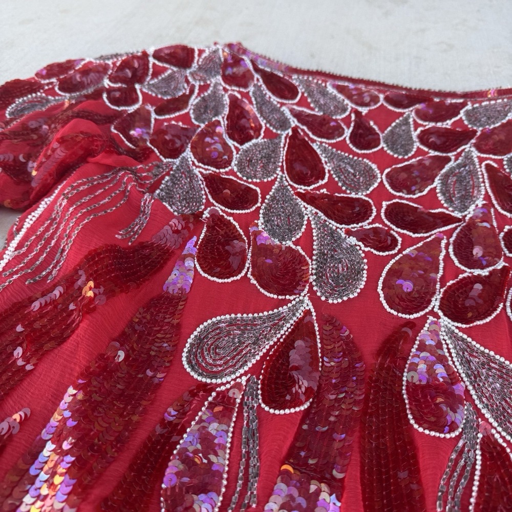 Vintage Art Deco Pure Silk Medium Red Rhinestone‎ Sequin Bling Beaded Iridescent - Picture 7 of 9
